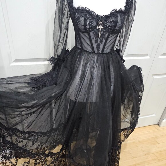 Dolls Kill Widow Goth Black Lace Tulle Dance With Death Ball Gown Dress - Picture 10 of 13